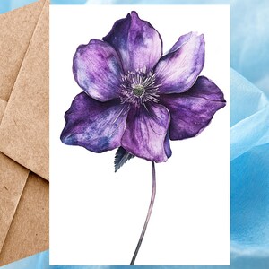 Carte fleur mauve, carte hellébore mauve aquarelle imprimé floral, carte hellébore fleur de printemps 5 x 7 - carte à l'unité avec enveloppe ou paquet de 5