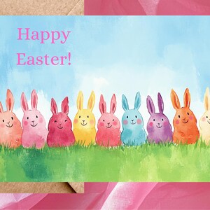 Cartes de lapins de Pâques de mignons lapins multicolores aquarelles avec légende Joyeuses Pâques - Une seule carte avec enveloppe ou lot de 5