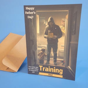 Entraînement de papa, carte drôle de fête des pères, parodie de film d'action, journée d'entraînement pour papa, carte de papa de film avec enveloppe