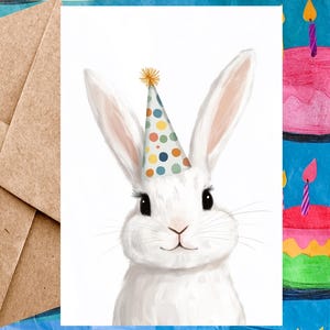 Jolie carte d'anniversaire avec lapin blanc pour enfant - Carte de joyeux anniversaire Illustration de lapin blanc et chapeau d'anniversaire - Carte à l'unité avec enveloppe ou lot de 5