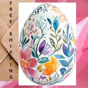 Oeuf de Pâques carte avec fleurs printanières colorées - Carte de Pâques aquarelle d'oeufs de Pâques peints Carte simple avec enveloppe ou lot de cinq