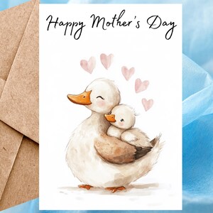 Carte de fête des mères heureuse avec des canards mignons, carte de voeux aquarelle, carte de fête des mères animal faite main pour maman avec enveloppe autocollante