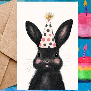 Jolie carte d'anniversaire avec lapin noir pour enfant - Carte de joyeux anniversaire Illustration de lapin noir et chapeau d'anniversaire - Carte à l'unité avec enveloppe ou lot de 5