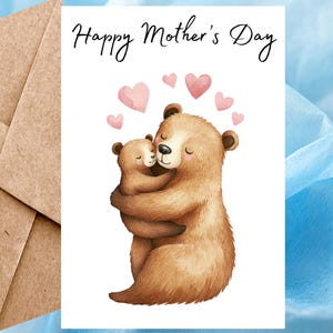 Carte de fête des mères heureuse avec un ours brun, carte de voeux aquarelle grizzly, carte de fête des mères animal faite à la main pour maman avec enveloppe autocollante