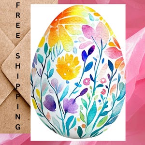 Oeuf de Pâques carte de voeux - Oeuf de Pâques aquarelle minimaliste avec fleurs - Une seule carte avec enveloppe ou lot de 5