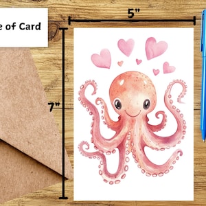 Jolie carte d'anniversaire de pieuvre ou carte de voeux d'amour - Carte unique d'anniversaire de mariage de pieuvre aquarelle avec enveloppe ou lot de cinq