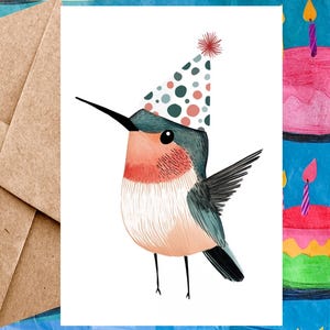 Jolie carte d'anniversaire Colibri pour enfant - Carte de joyeux anniversaire Illustration Colibri et chapeau d'anniversaire - Carte à l'unité avec enveloppe ou paquet de 5