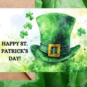 Carte pour la Saint-Patrick avec un chapeau de lutin aquarelle et des trèfles porte-bonheur - Une carte avec enveloppe ou lot de 5