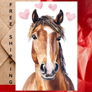 Jolie carte d'anniversaire de mariage cheval brun ou carte de correspondance amour - aquarelle cheval brun anniversaire de mariage carte avec enveloppe ou lot de 5