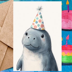 Jolie carte d'anniversaire lamantin pour enfant - Carte de joyeux anniversaire Illustration de lamantin et chapeau d'anniversaire - Carte à l'unité avec enveloppe ou lot de 5
