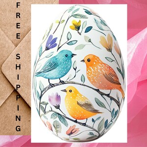 Carte de Pâques avec oeuf de Pâques représentant des oiseaux colorés - Carte de Pâques aquarelle avec des oiseaux sur un oeuf de Pâques Carte à l'unité avec enveloppe ou lot de 5