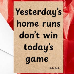 Carte de voeux de baseball, citation de Babe Ruth sur une solide éthique de travail - Carte d'encouragement à toujours travailler dur - Une seule carte ou paquet de 5