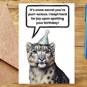 Carte d'anniversaire léopard des neiges avec jeu de mots - Carte de voeux personnalisable amusante (option personnalisée)