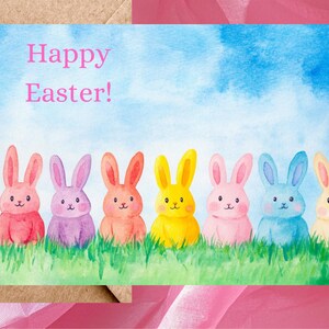 Carte de lapins de Pâques de mignons lapins aquarelles de différentes couleurs avec légende Joyeuses Pâques - Une seule carte avec enveloppe ou lot de 5