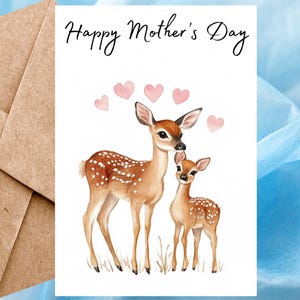 Carte de fête des mères heureuse avec un cerf mignon, carte de voeux aquarelle, carte de fête des mères animal faite main pour maman avec enveloppe autocollante