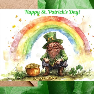 Adorable carte de Saint-Patrick, un arc-en-ciel et un pot d'or pour la Saint-Patrick - Carte à l'unité Leprechaun Happy St. Patrick's Day avec enveloppe ou paquet de 5
