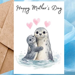 Jolie carte de fête des mères, carte de voeux aquarelle, carte de fête des mères animal faite main pour maman avec coeurs et enveloppe autocollante