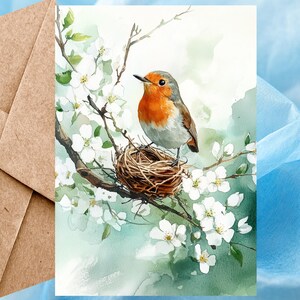 Jolie carte de voeux de printemps rouge-gorge - aquarelle rouge-gorge sur son nid avec des fleurs de printemps blanches dans un arbre, carte à l'unité avec enveloppe ou lot de cinq