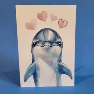 Jolie carte d'anniversaire de dauphin ou carte de correspondance d'amour - Carte d'anniversaire de mariage aquarelle dauphin avec enveloppe ou lot de cinq