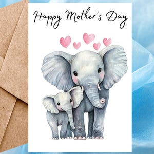 Carte de fête des mères avec éléphants mignons, carte de voeux aquarelle, carte de fête des mères animal faite main pour maman avec coeurs et enveloppe autocollante