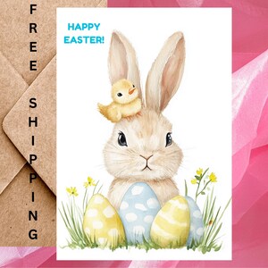 Jolie carte de Pâques avec un poussin et un lapin avec des oeufs de Pâques - Carte de Pâques aquarelle Joyeuses Pâques avec lapin de Pâques - Une seule carte avec enveloppe ou paquet de 5