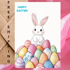 Jolie carte de Pâques avec un lapin blanc avec des œufs de Pâques colorés - Carte de Pâques aquarelle joyeuses Pâques - Une carte avec enveloppe ou paquet de 5