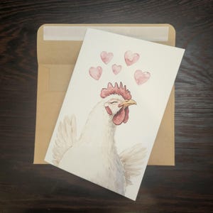 Jolie carte d'anniversaire de poulet ou carte pour lettres d'amour - Carte unique d'anniversaire de mariage de poulet aquarelle blanche avec enveloppe ou lot de cinq