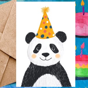 Jolie carte d'anniversaire de panda pour enfant - Carte de joyeux anniversaire Illustration de panda et chapeau d'anniversaire - Carte à l'unité avec enveloppe ou paquet de 5