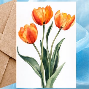 Carte fleur tulipe orange, imprimé floral, carte floral aquarelle, carte d'illustration fleurs printanières 5 x 7 - carte à l'unité avec enveloppe ou paquet de 5