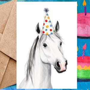Jolie carte d'anniversaire cheval blanc pour enfant - Carte de joyeux anniversaire Illustration cheval blanc et chapeau d'anniversaire - Carte simple avec enveloppe ou paquet de 5