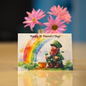 Joli lutin, trèfles porte-bonheur, arc-en-ciel et pot d'or pour la Saint-Patrick - Carte à l'unité pour la Saint-Patrick avec enveloppe ou paquet de 5