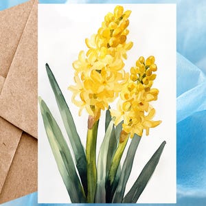 Carte fleur jacinthe jaune, imprimé floral, carte floral aquarelle, carte illustration fleurs printanières 5 x 7 - Carte à l'unité avec enveloppe ou paquet de 5