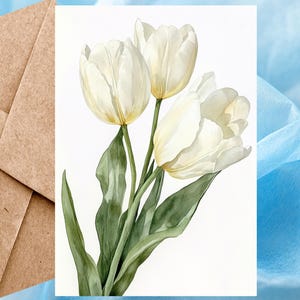 Carte fleur tulipe blanche, imprimé floral, carte floral aquarelle, carte d'illustration fleurs printanières 5 x 7 - Carte à l'unité avec enveloppe ou paquet de 5
