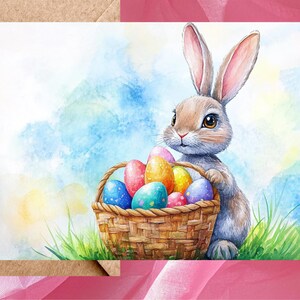 Carte de lapin de Pâques représentant un joli lapin gris aquarelle avec des œufs de Pâques dans un panier (deux modèles) - Une seule carte avec enveloppe ou lot de 5
