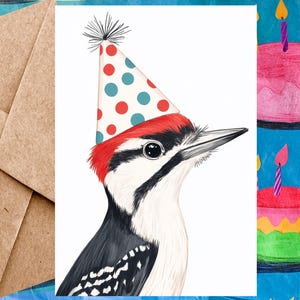 Jolie carte d'anniversaire avec un pic pour enfant - Carte de joyeux anniversaire Illustration de pics et chapeau d'anniversaire - Carte à l'unité avec enveloppe ou paquet de 5