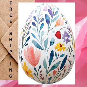 Oeuf de Pâques avec fleurs printanières - Oeuf de Pâques aquarelle minimaliste avec enveloppe ou lot de cinq