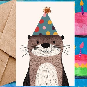 Carte d'anniversaire loutre pour enfant ou carte de retraite loutre - Illustration loutre avec chapeau de fête - Carte à l'unité avec enveloppe ou paquet de 5