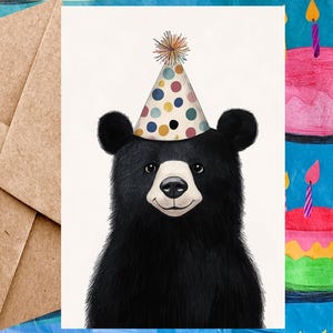 Jolie carte d'anniversaire ours noir pour enfant - Carte de joyeux anniversaire Illustration ours noir et chapeau d'anniversaire - Carte à l'unité avec enveloppe ou paquet de 5