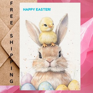 Carte de Pâques amusante avec poussin sur la tête d'un lapin de Pâques avec des oeufs de Pâques - Carte de Pâques aquarelle Joyeuses Pâques - Carte à l'unité avec enveloppe ou paquet de 5