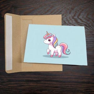 Jolie carte d'anniversaire licorne pour fille - Faire-part de fête licorne dessin animé rose et blanc - Carte à l'unité avec enveloppe ou lot de 5