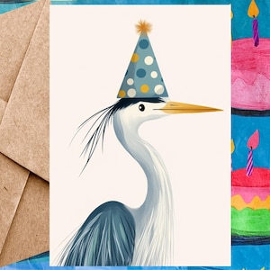 Jolie carte d'anniversaire héron bleu pour enfant - Carte de joyeux anniversaire, illustration d'oiseau héron bleu et chapeau d'anniversaire - Carte simple avec enveloppe, lot de 5