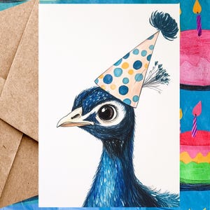 Jolie carte d'anniversaire paon pour enfant - Carte de joyeux anniversaire Illustration de paon et chapeau d'anniversaire - Carte à l'unité avec enveloppe ou paquet de 5