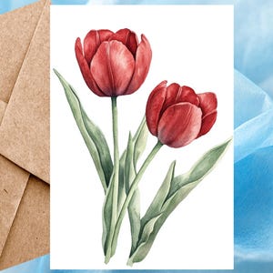 Burgundy Tulip Flower Card, Floral Print, Watercolor Floral Card, Spring Flowers Illustration Card 5x7 - Single Card With Envelope or 5-Pack