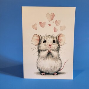 Jolie carte d'anniversaire de souris ou carte de voeux d'amour - Carte d'anniversaire de mariage aquarelle souris avec enveloppe ou lot de cinq