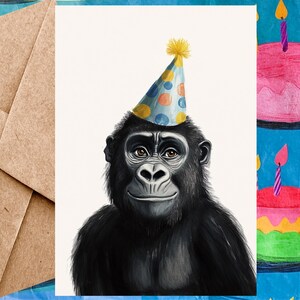 Jolie carte d'anniversaire gorille pour enfant - Carte de joyeux anniversaire Illustration de gorille et chapeau d'anniversaire - Carte à l'unité avec enveloppe ou paquet de 5