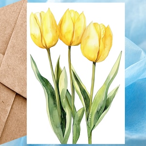 Carte fleur tulipe jaune, imprimé floral, carte floral aquarelle, carte d'illustration fleurs printanières 5 x 7 - Carte à l'unité avec enveloppe ou paquet de 5