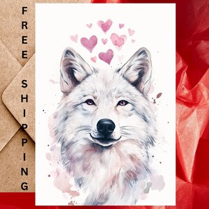 Jolie carte d'anniversaire de loup blanc ou carte pour lettres d'amour - Carte d'anniversaire de mariage aquarelle loup blanc avec enveloppe ou lot de cinq