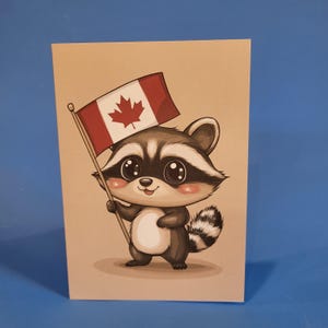 Jolie carte de fête du Canada raton laveur, carte faite main de raton laveur du Canada avec drapeau du Canada feuille d'érable fabriquée au Canada, cartes de fête du Canada avec enveloppes