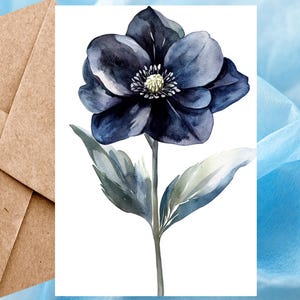 Carte fleur noire, carte ellébore noire aquarelle imprimé floral, carte ellébore fleur printanière 5 x 7 - carte à l'unité avec enveloppe ou paquet de 5