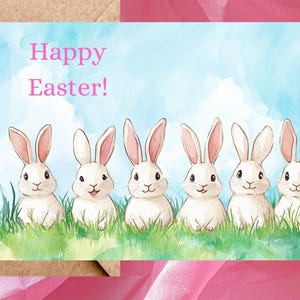 Cartes de lapins de Pâques de mignons lapins blancs aquarelles avec joyeuses Pâques (deux modèles) - Une seule carte avec enveloppe ou lot de 5
